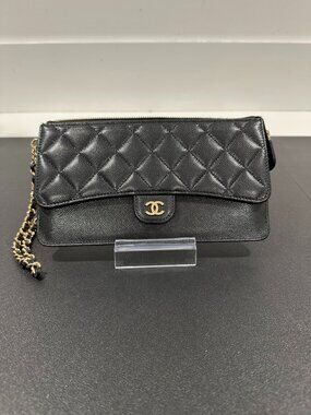 Chanel Lambskin Quilted Classic Pouch with Handle Black (JB1443)